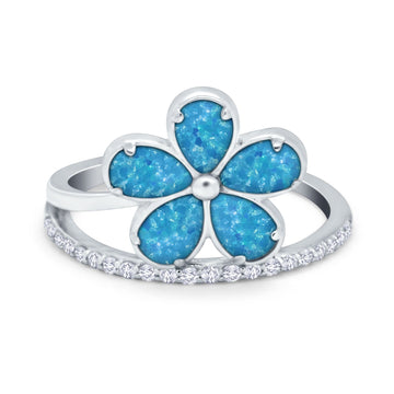 Plumeria Flower Ring Lab Created Blue Opal 925 Sterling Silver